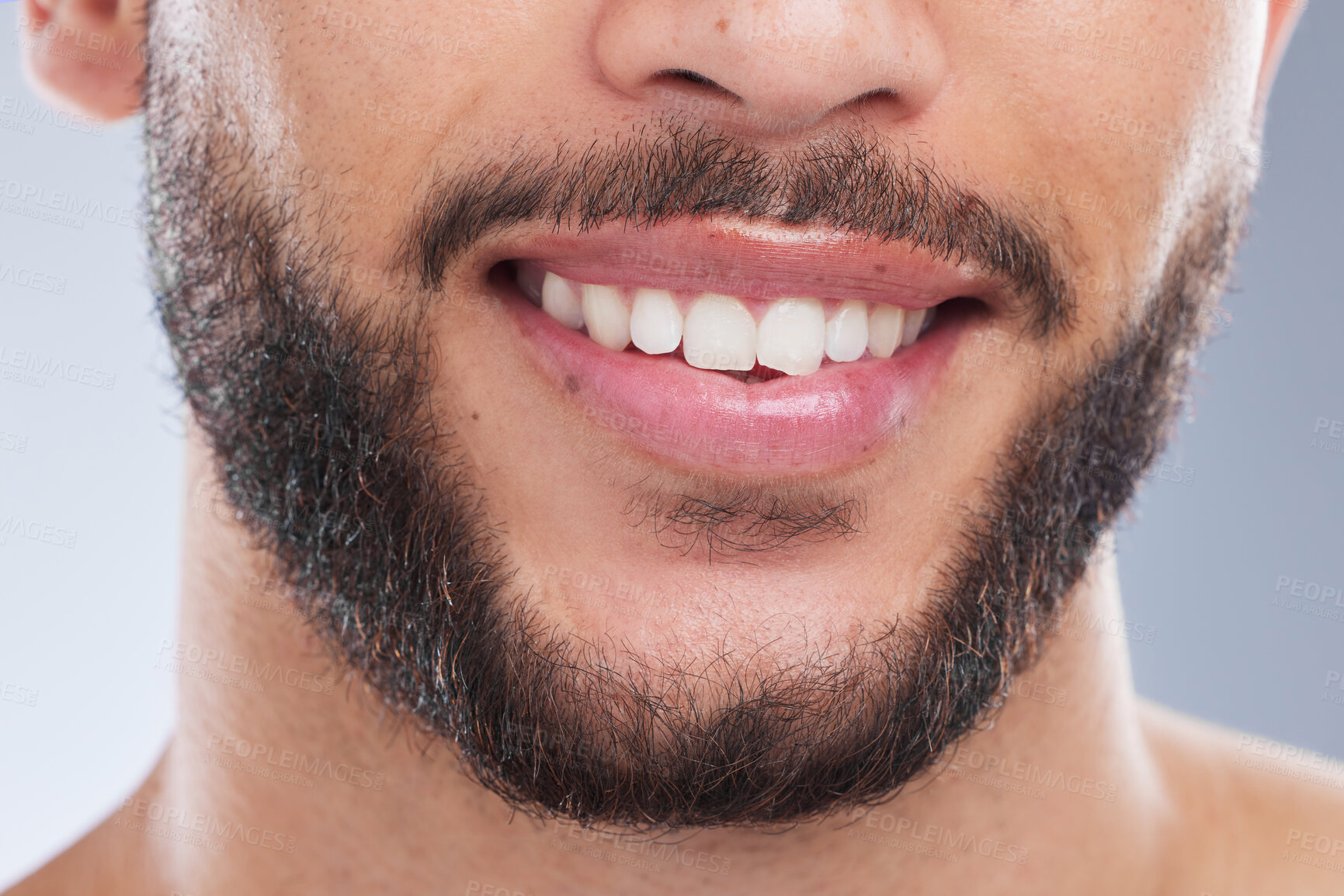 Buy stock photo Dental, smile and mouth of man in studio with fresh breath, confidence or oral hygiene treatment on grey background. Cleaning, teeth whitening or model with tooth implant, crown or root canal results