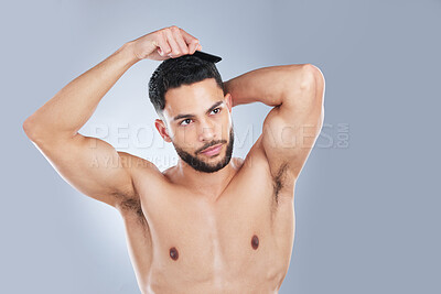 Buy stock photo Man, comb hair and studio with style, healthy growth and thinking with grooming routine by background. Person, model and ideas for hairstyle, wellness and cosmetics with cleaning scalp in morning