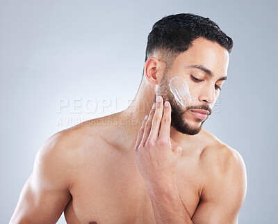 Buy stock photo Cream, beauty and face of man for skincare, wellness and facial treatment on white background. Dermatology, spa product and isolated person with moisturizer, lotion and anti aging cosmetics in studio