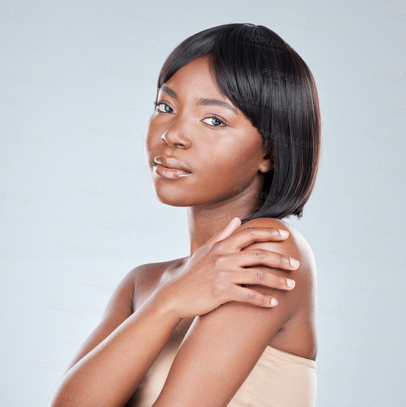 Buy stock photo Black woman, portrait and beauty with skincare for makeup or cosmetics on a gray studio background. Face of calm African, female person or young model for facial treatment, dermatology or cosmetology