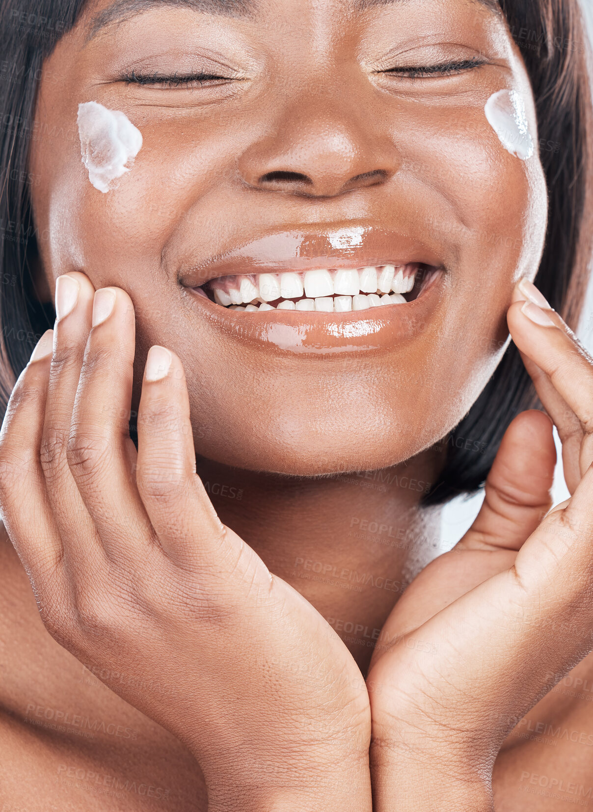 Buy stock photo Happy black woman, skincare and facial treatment with cream for beauty, hydration or moisturizer Closeup or face of African, female person or model with smile for lotion, cosmetics or healthy skin