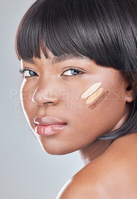 Buy stock photo Studio, foundation and black woman in portrait for makeup, beauty or contour shades for skin tone. Female model, facial aesthetic and cosmetics for glow, swatch or application by white background