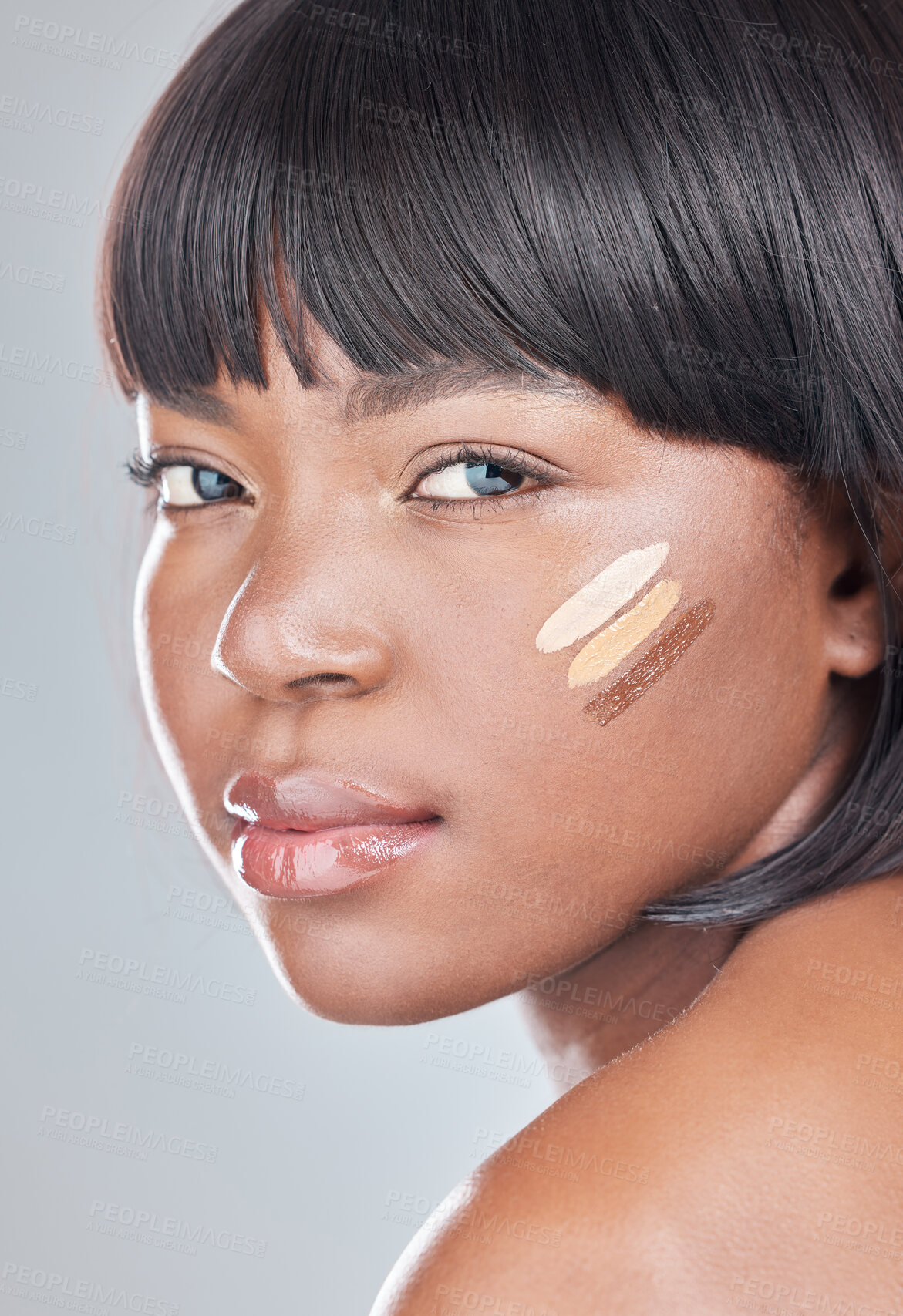 Buy stock photo Studio, foundation and black woman in portrait for makeup, beauty or contour shades for skin tone. Female model, facial aesthetic and cosmetics for glow, swatch or application by white background