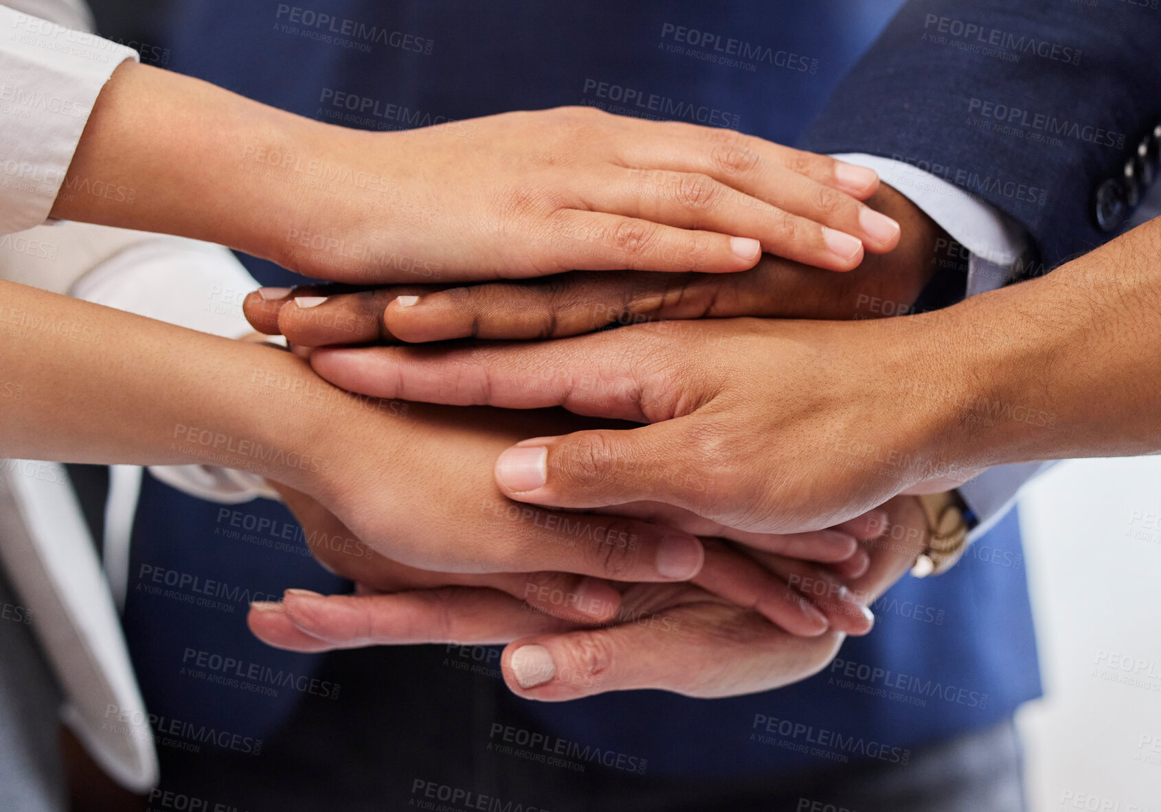 Buy stock photo Business people, support and hands together for company, teamwork and collaboration at office. Diversity, motivation and success gesture of corporate staff with professional community and solidarity