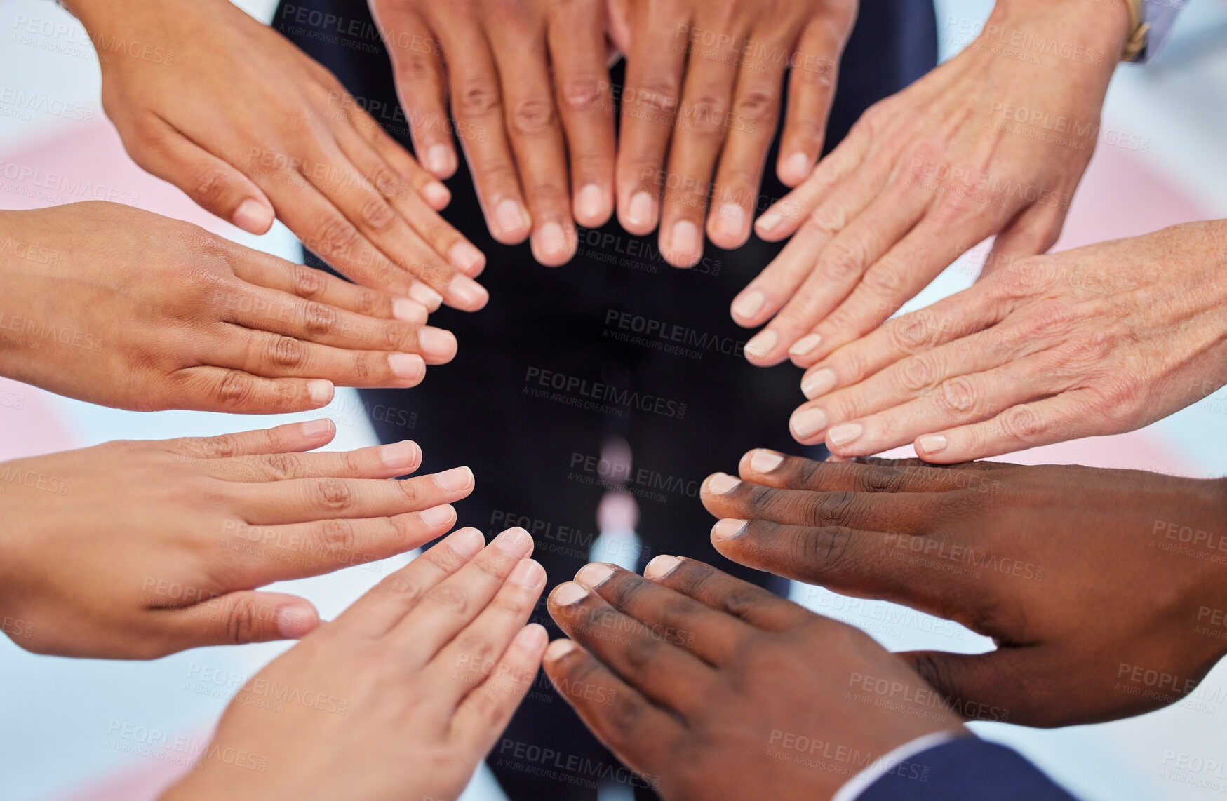 Buy stock photo Teamwork, office and hands of business people in circle for community, support and collaboration. Diversity, corporate and above of men and women in workplace for partnership, solidarity and meeting