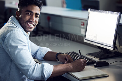 Buy stock photo Portrait, male student and computer with writing in notebook for course in cybersecurity, IT or science. Man, smile and tech in studying for exam at college, school or university with mockup space