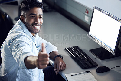 Buy stock photo Man, student and portrait with thumbs up by computer at IT college with choice for education with coding. Person, e learning and mockup space on blank screen with sign, like and agreement in Mumbai