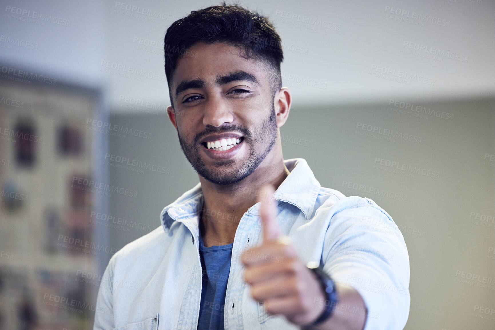 Buy stock photo Portrait, male person and happy with thumbs up, smile and opportunity at university, campus or college as student. Man, candidate and vote for leadership in school as representative in election
