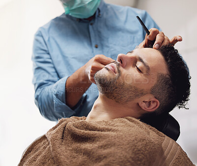 Buy stock photo People, barber and hands or maintenance in barbershop with razor, face and salon. Professional hairdresser, haircare and shave or blade for moustache treatment, client and customer for beard trim