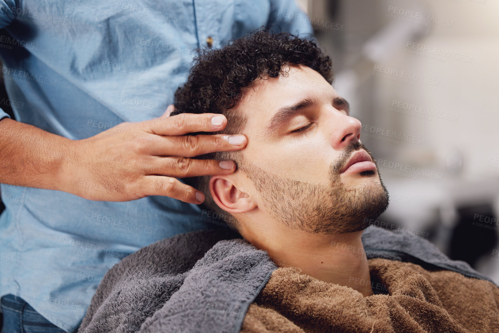 Buy stock photo Barber, hands and face or maintenance in barbershop with blade, person and salon. Professional hairdresser, beard and massage or skincare for moustache treatment, client and customer for haircare