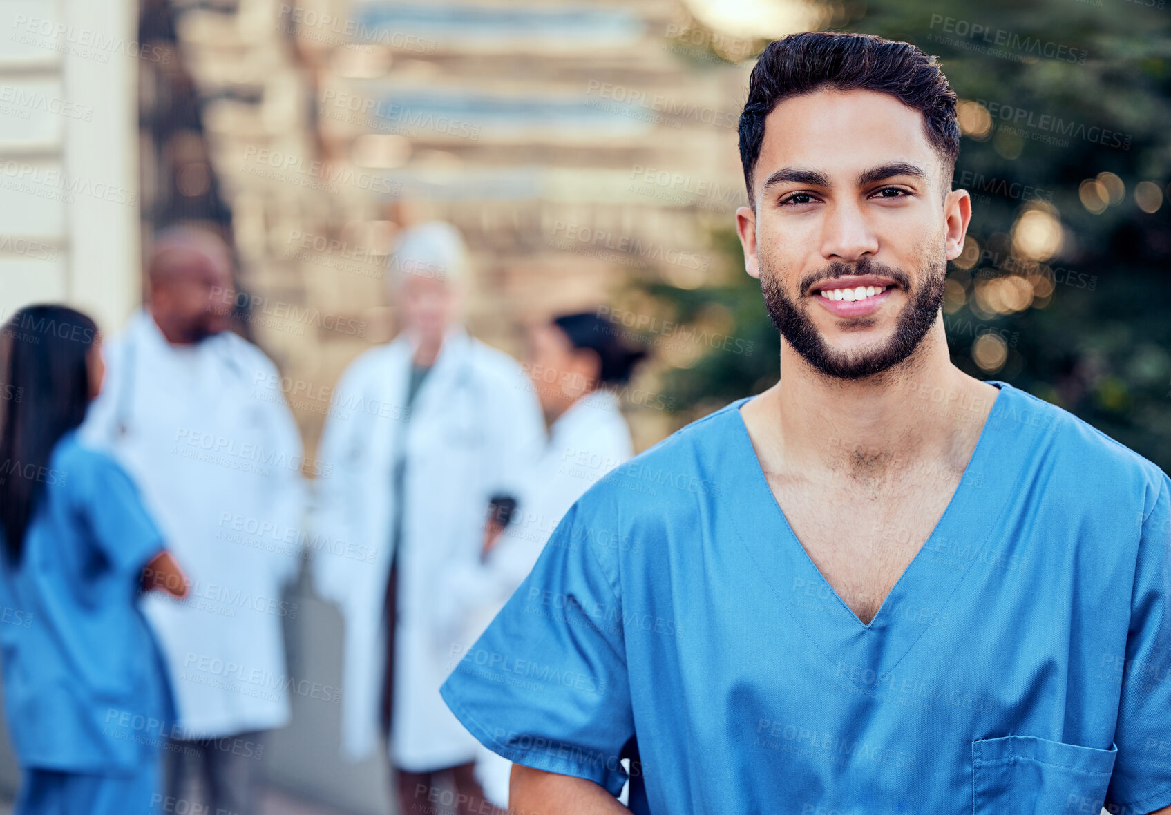 Buy stock photo Man, doctor and outdoor portrait of leader, surgeon and confidence in healthcare management. Male person, nurse and proud of medical service, support and trust in specialist for wellness mission