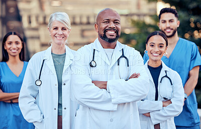 Buy stock photo Team, doctors and outdoor portrait of collaboration, diversity and confidence in healthcare management. Together, unity and proud of medical service, support and trust in solidarity or commitment