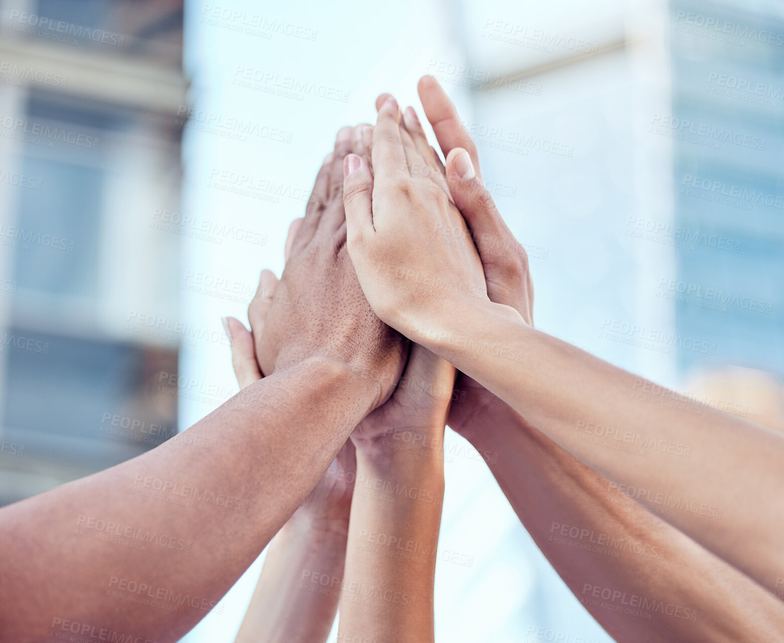 Buy stock photo Team, high five and hands together of business people with goal and target success outdoor. Win, celebration and solidarity of staff with collaboration support and achievement with emoji hand sign