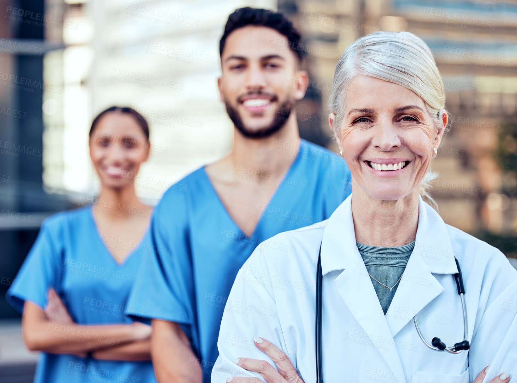 Buy stock photo Mature woman, doctor and outdoor portrait of leader, surgeon and confidence in healthcare management. Person, teamwork and proud of medical service, support and trust in solidarity or collaboration