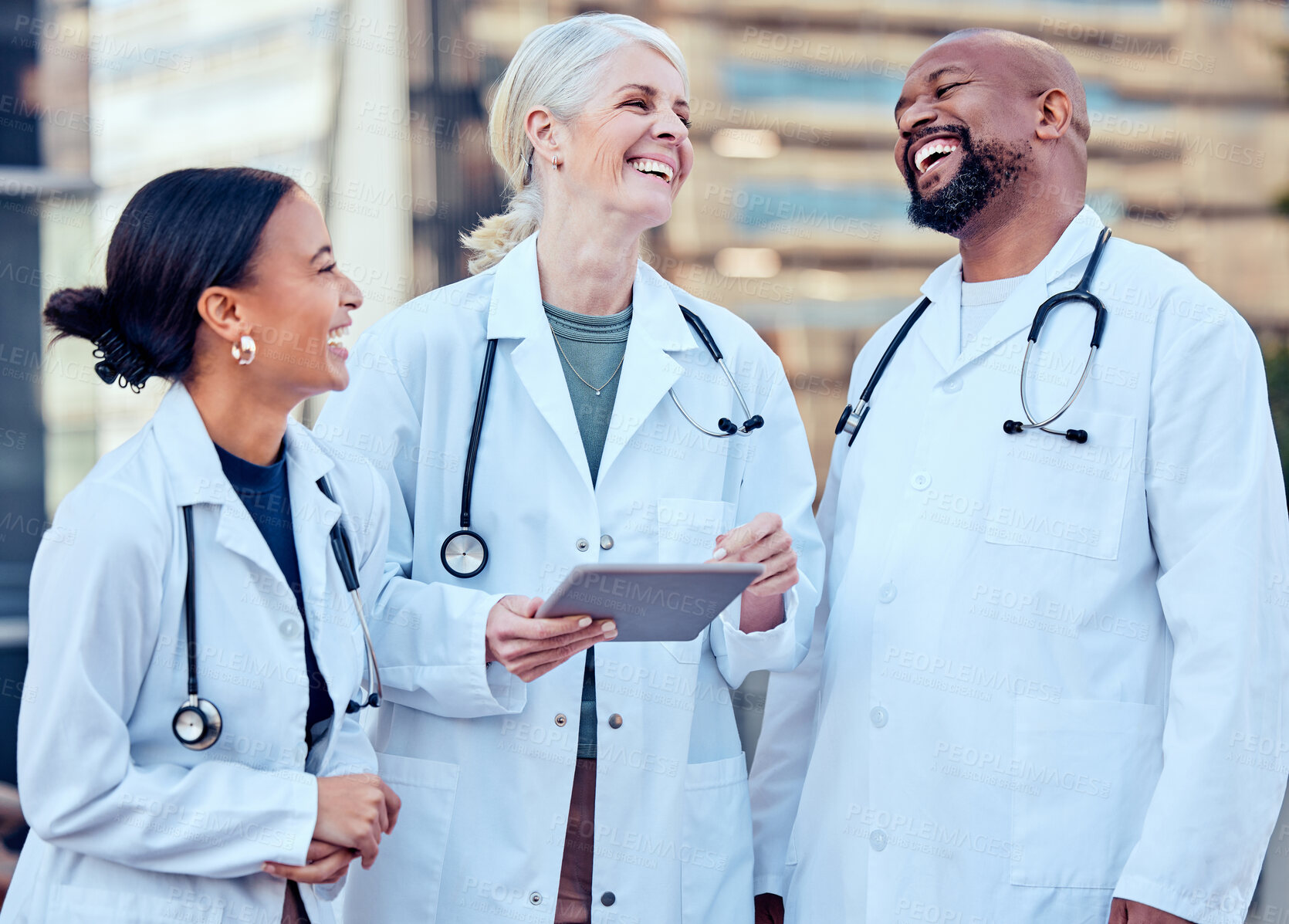 Buy stock photo Doctor, laughing team and healthcare staff with tablet and funny joke of medical group. Diversity, technology and laugh of hospital and wellness clinic worker together with happiness and tech results