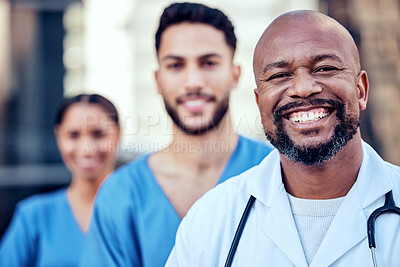 Buy stock photo Team, doctors and outdoor portrait of healthcare, diversity and confidence in positive management. Together, unity and proud of medical service, support and trust in solidarity or commitment staff