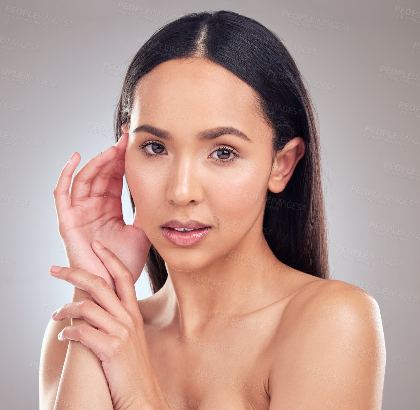 Buy stock photo Woman, glow and portrait with benefits for clean beauty for skin care, dermatology and wellness in studio. Female person, natural make up and face for collagen, product and salon facial with pride