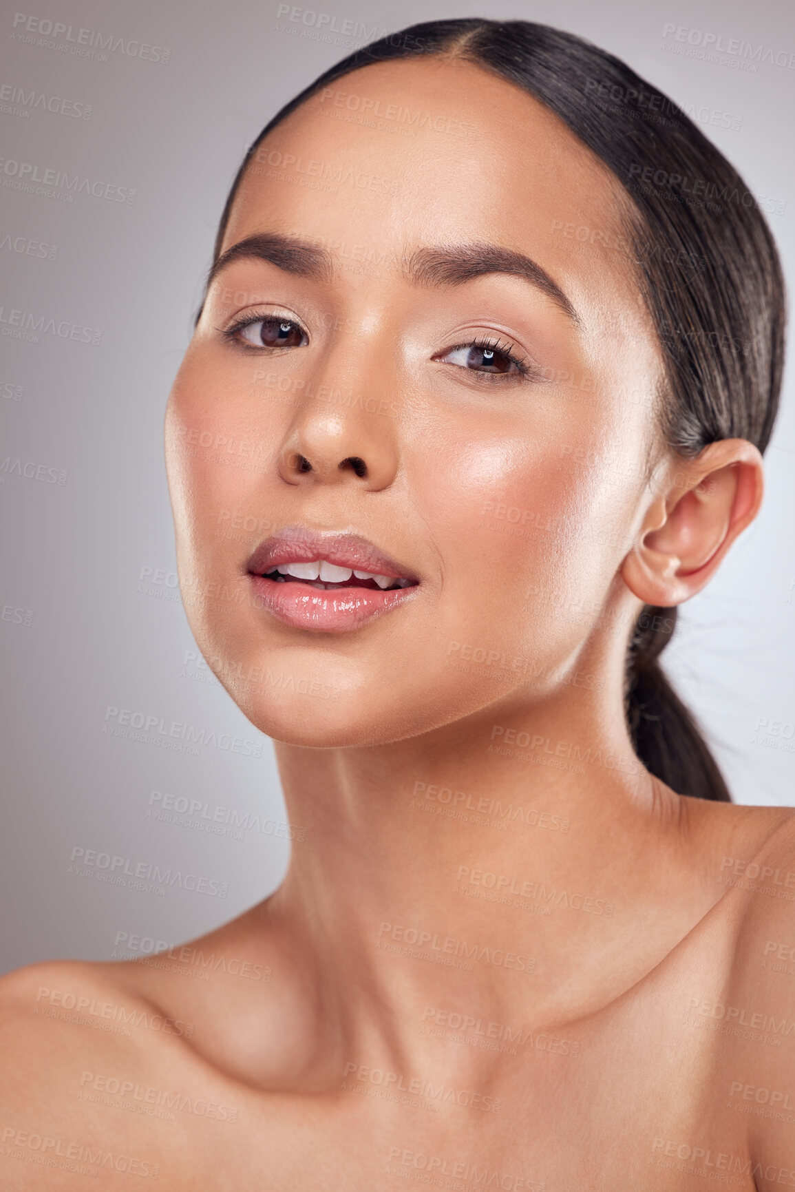 Buy stock photo Beauty, dermatology and portrait with natural woman closeup in studio on gray background for wellness. Aesthetic, confident and skincare with face of model at salon on spa for cosmetics treatment