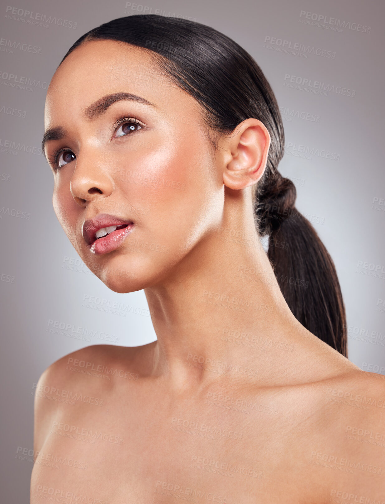 Buy stock photo Beauty, thinking and vision with natural woman closeup in studio on gray background for wellness. Face, idea and skincare with aesthetic model at salon on spa for cosmetics or dermatology treatment