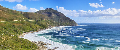 Buy stock photo A photo mountains, coast and ocean from Shapmanns Peak, with Hout Bay in the background. Close to Cape Town