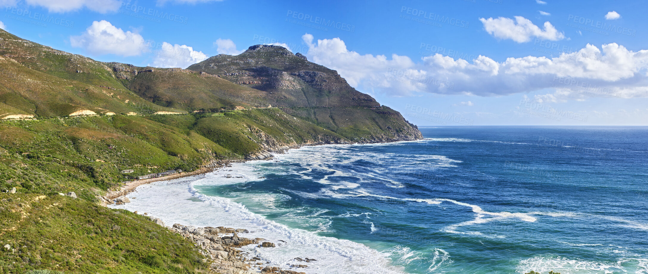 Buy stock photo A photo mountains, coast and ocean from Shapmanns Peak, with Hout Bay in the background. Close to Cape Town