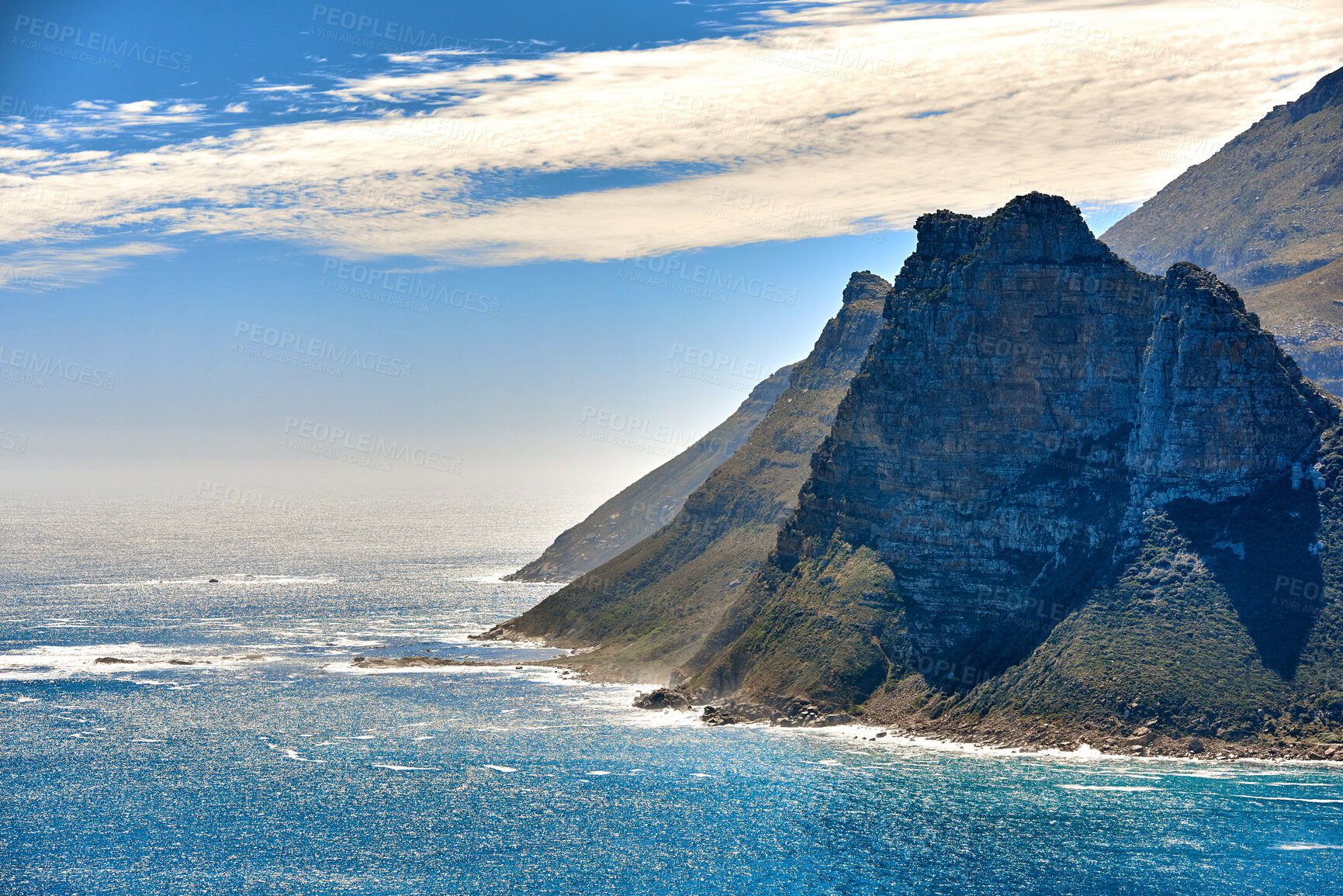 Buy stock photo A photo mountains, coast and ocean from Shapmanns Peak, with Hout Bay in the background. Close to Cape Town