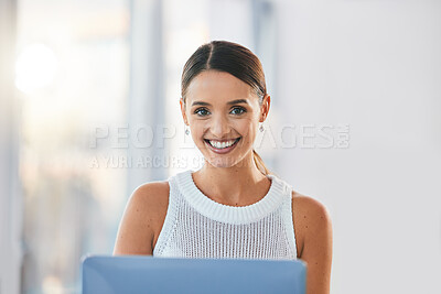 Buy stock photo Employee, laptop and portrait of worker in office for research, schedule and networking. Business woman, technology and corporate with person working at desk for online, information and confident