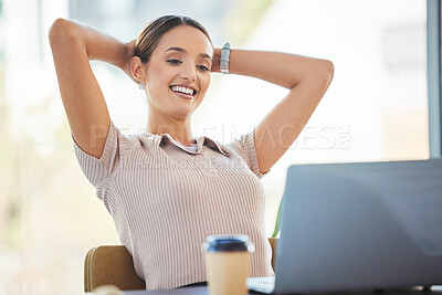 Buy stock photo Shot of a young businesswoman taking a break from work to relax