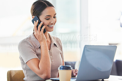 Buy stock photo Online, phone call and girl in office with laptop for work as receptionist or personal assistant and conversation for schedule. Woman, technology and coffee in morning with communication for agenda.
