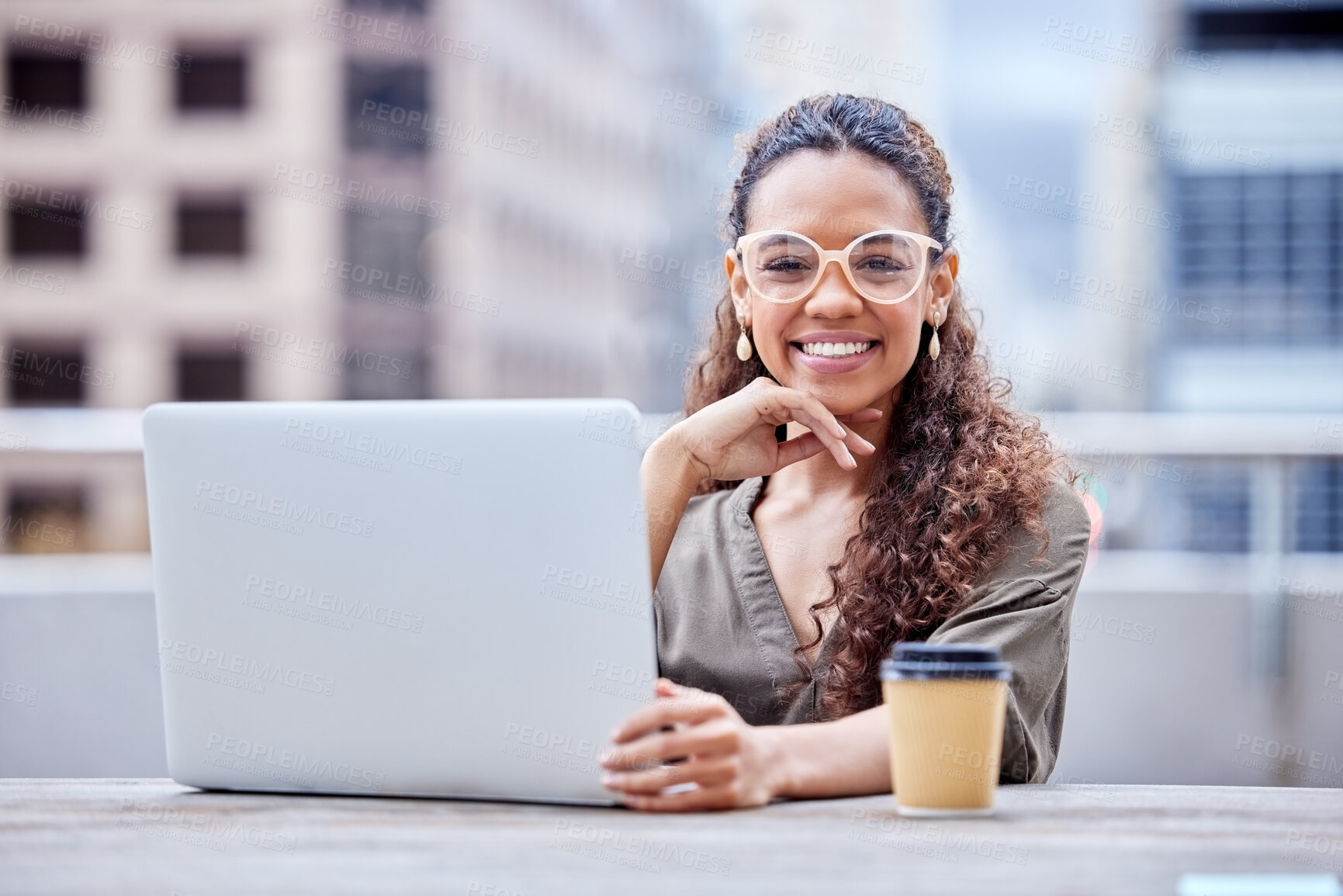 Buy stock photo Business, woman and portrait on balcony with laptop in morning for work as Market Research Analyst for agency. Female employee, digital technology and browsing, online and happiness for product sales