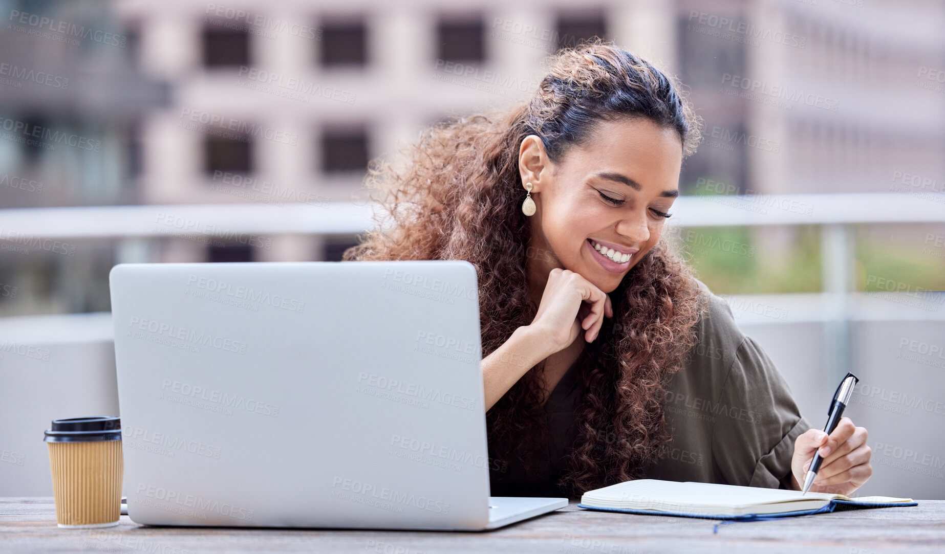 Buy stock photo Business, woman and writing on balcony with laptop in morning for work as Market Research Analyst for agency. Female employee, digital technology and journal, online and happiness for product sales.