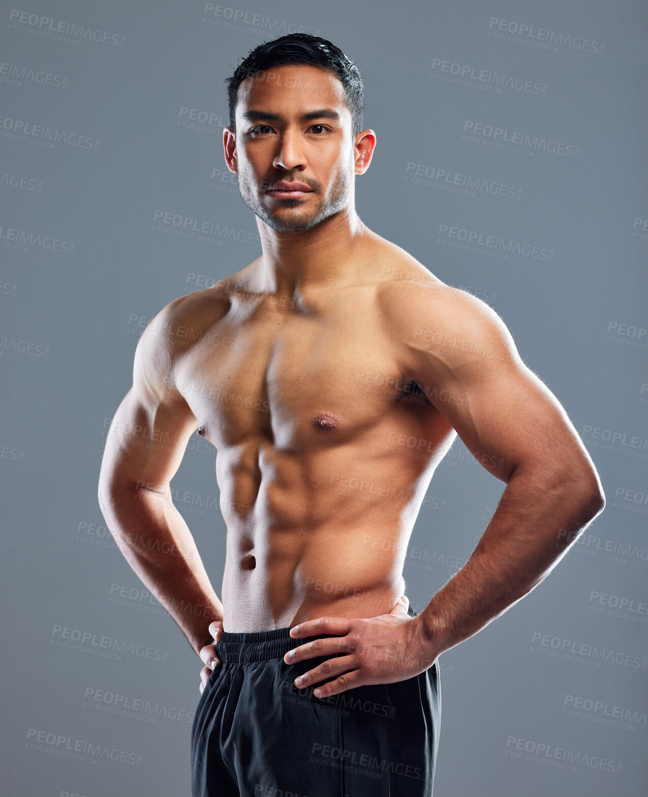 Buy stock photo Portrait, man and fitness for muscle in health, wellness and workout in studio background for sports training. Male person, athlete and strong for progress as bodybuilder for results in grey backdrop