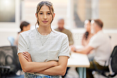 Buy stock photo Confident, girl and happy portrait with meeting for company feedback, teamwork and creative business. Female manager, designer agency and arms crossed for collaboration, leadership and workshop.