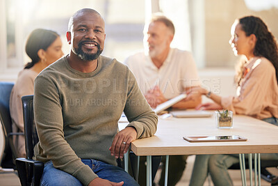 Buy stock photo Mature, black man and happy portrait with meeting for company feedback, teamwork and creative business. Male manager, designer agency and relax with people for collaboration, leadership and workshop.