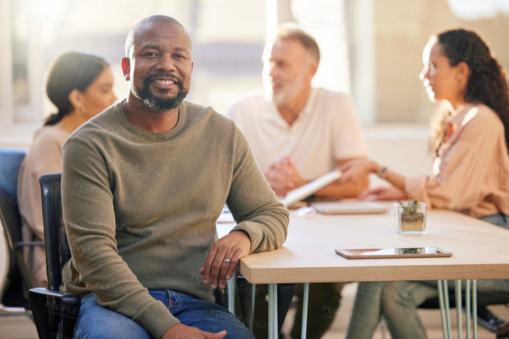 Buy stock photo Mature, black man and happy portrait with meeting for company feedback, teamwork and creative business. Male manager, designer agency and relax with people for collaboration, leadership and workshop.