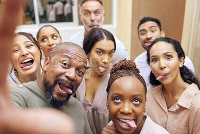 Buy stock photo Funny, portrait and people in office for selfie for company website or social media, designer agency and team building. Creative group, photography and tongue out for comic profile picture for memory