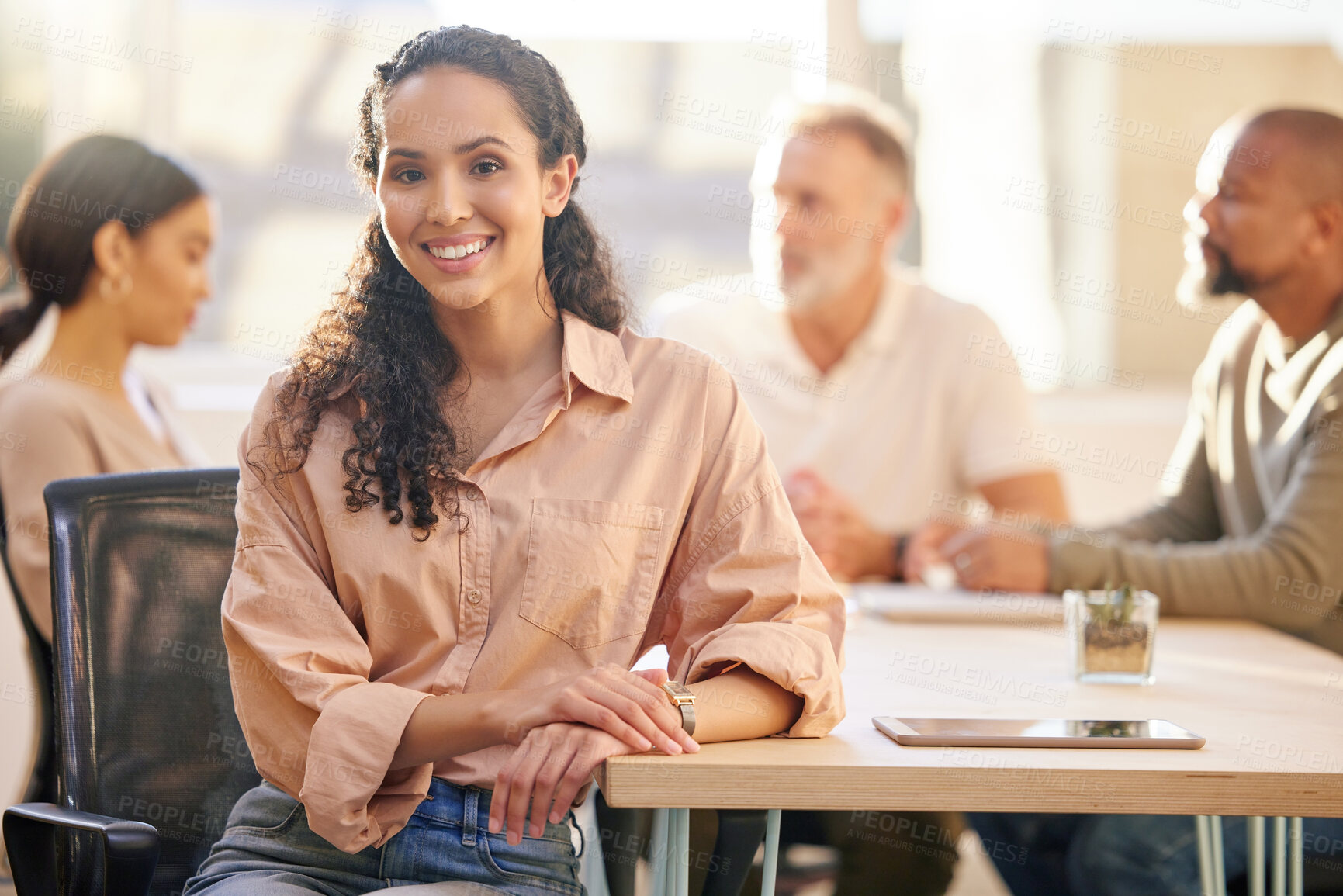 Buy stock photo Portrait, woman and creative for business and confident, technology and pride in workplace office for collaboration. Professional, happy and start up with entrepreneur for company growth and teamwork