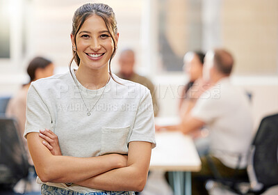 Buy stock photo Business woman, portrait and meeting with confidence for career ambition, pride or team leader at office. Female person or employee with smile and arms crossed of young creative or coach in boardroom