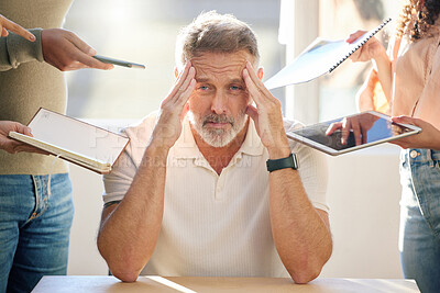 Buy stock photo Businessman, portrait and headache with documents for time management, anxiety or stress in chaos or workload. Frustrated, tired or mature man in burnout, pressure or deadline at busy workplace