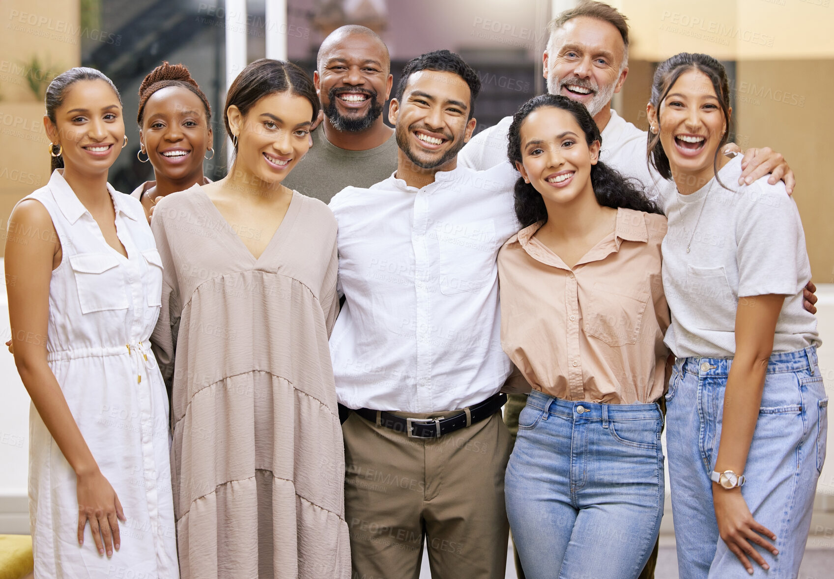 Buy stock photo Creative people, portrait and happy in office for teamwork, collaboration and project success for startup company. Employees, together and bonding with diversity or support for designer business.