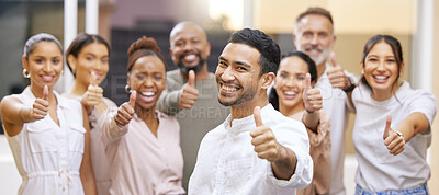 Buy stock photo Happy portrait, business people and thumbs up with diversity for great, good job or well done in teamwork. Group of creative employees with smile, like emoji or yes sign for review, startup or banner