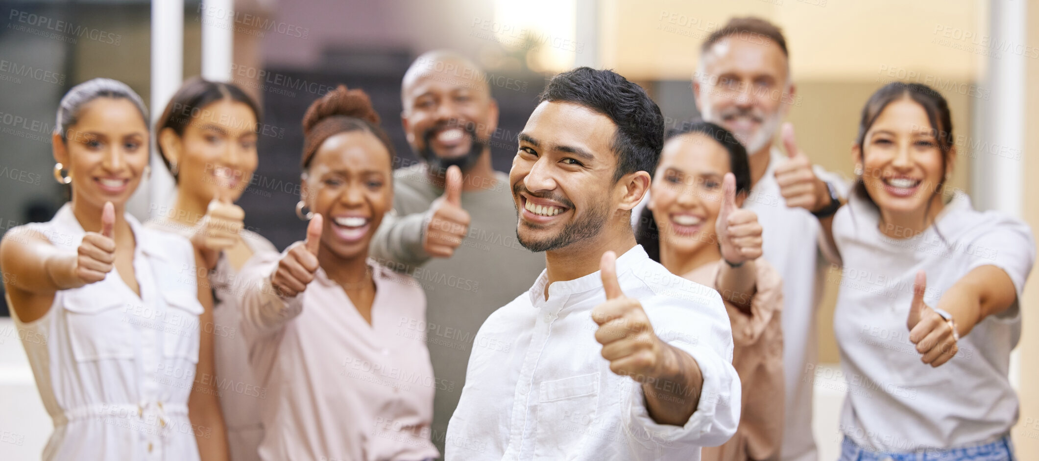 Buy stock photo Portrait of a group of businesspeople showing the thumbs up in a modern office