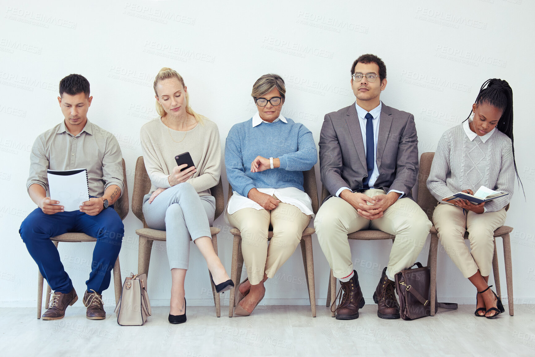 Buy stock photo Row, waiting and people in line for business interview, onboarding and recruitment for corporate career. Diversity, sitting and meeting with hr for hiring, candidates and job time for appointment.