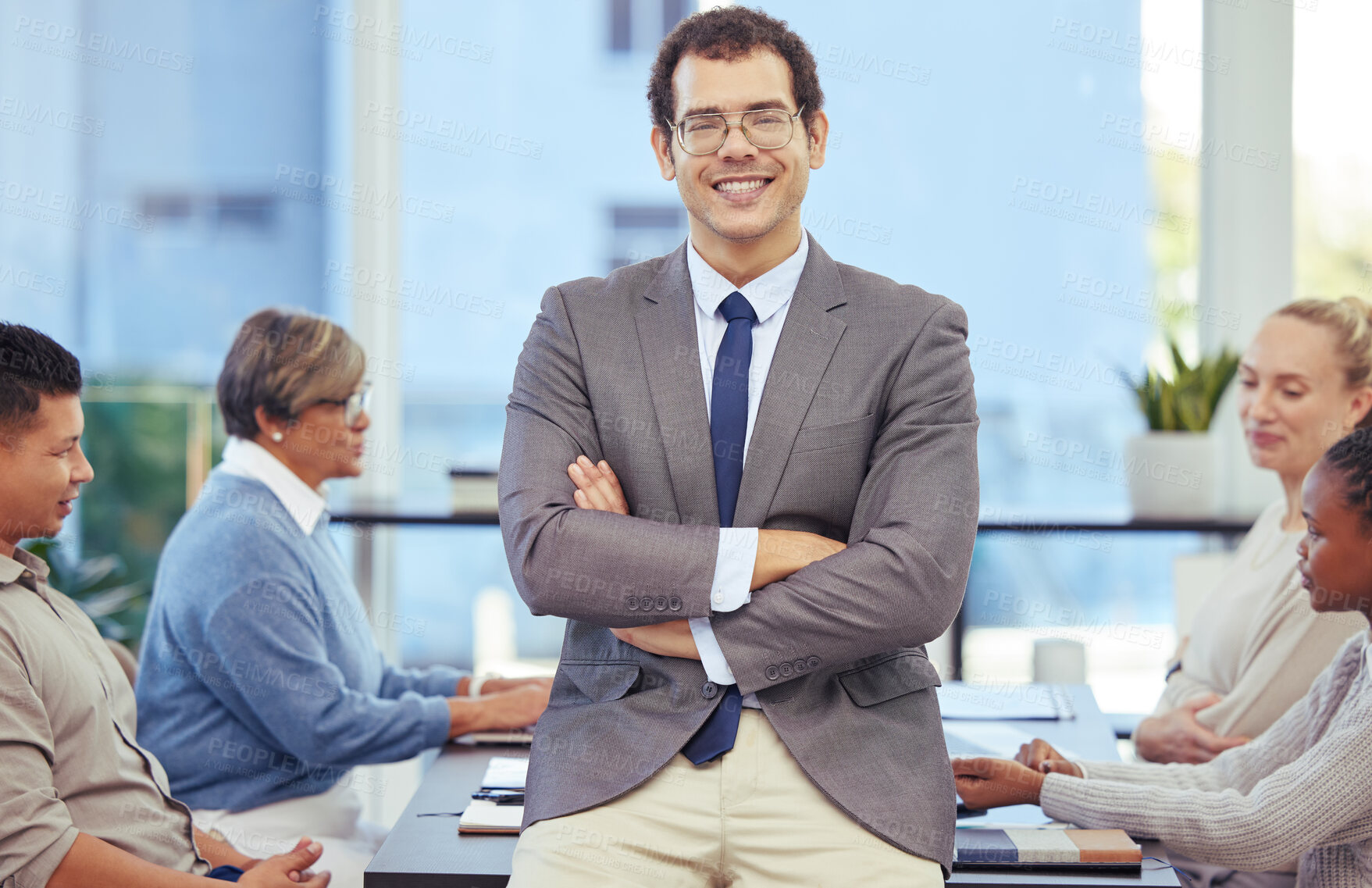 Buy stock photo Businessman, portrait and meeting with confidence for career ambition, pride or team leader at office. Man or employee in leadership with smile and arms crossed of young creative or coach in startup