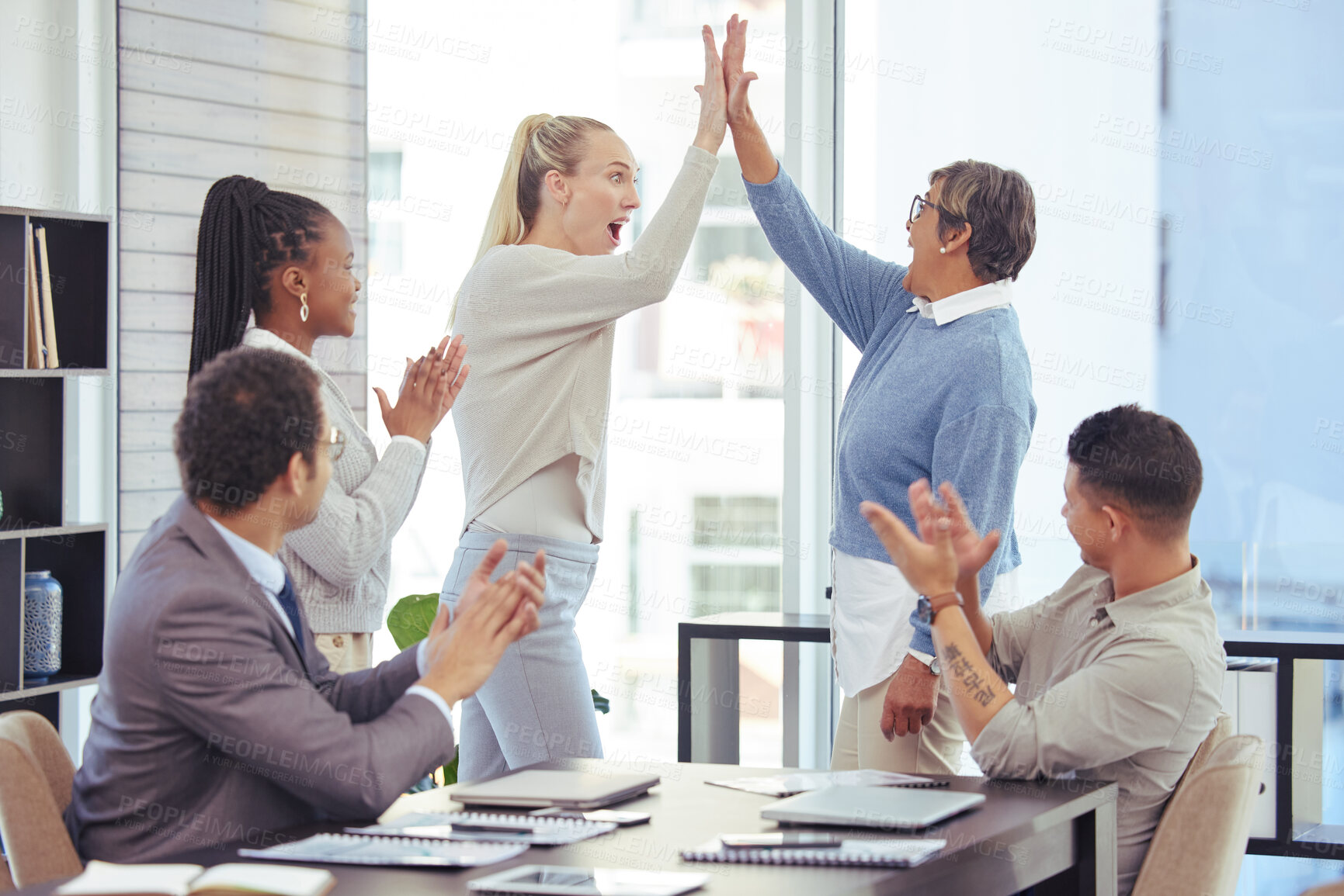 Buy stock photo High five, business and people with meeting in office for staff or company feedback, project and sales target success. Team, applause and celebrate for employee promotion, achievement and partnership