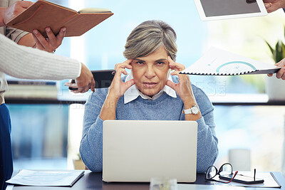 Buy stock photo Business woman, portrait and laptop with headache in stress, anxiety or depression with chaos at office. Mature female person or employee with migraine or overworked in pressure by colleagues at desk