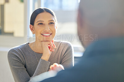 Buy stock photo Businesswoman, smile and corporate interview in office for job recruitment, we are hiring or meeting. Female person, talking and onboarding with human resources for discussion, vacancy or candidate
