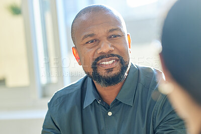 Buy stock photo Black man, business and teamwork meeting in office for b2b merger for project planning, consultation or feedback. Partnership, creative agency and designer brainstorming, collaboration or discussion