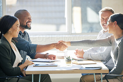 Buy stock photo Happy business people, handshake and meeting for agreement, partnership deal and office collaboration. Team shaking hands for success, contract and congratulations of promotion, onboarding and praise