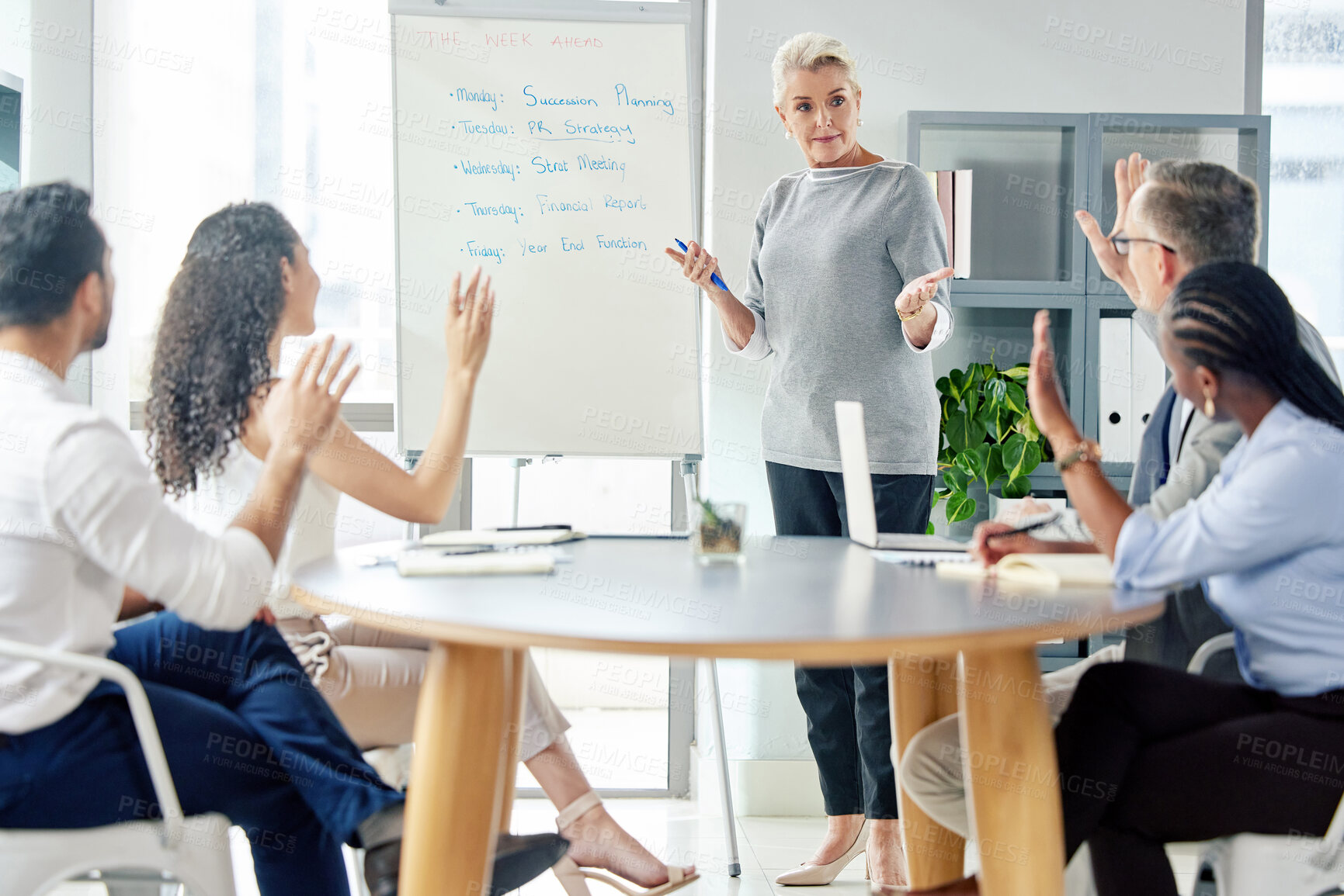 Buy stock photo Business, woman and employees with hands and whiteboard, faq and training for company project. Briefing, collaboration meeting and presentation feedback on pitch, presenter and coworkers with answers